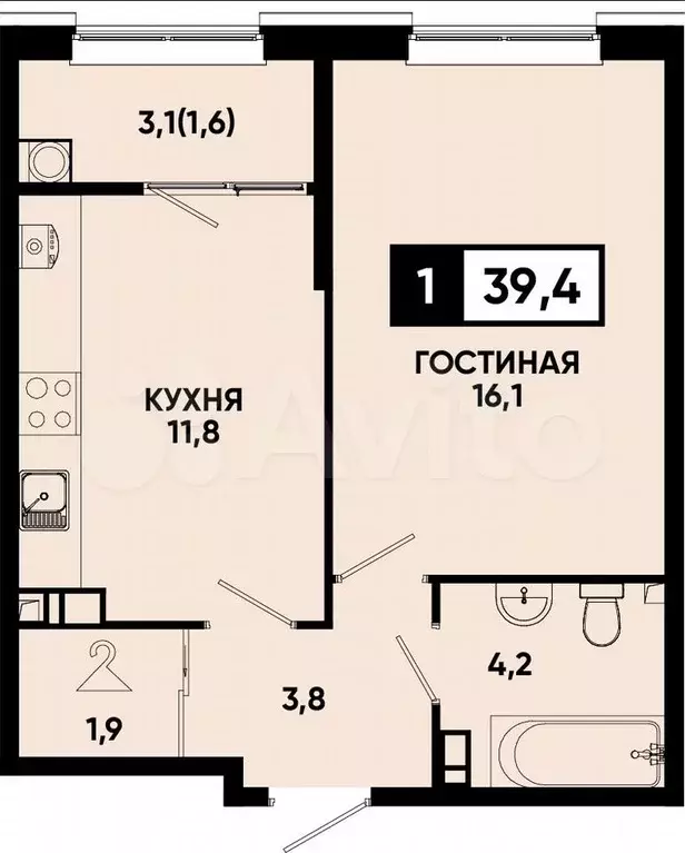 1-к. квартира, 39,4 м, 7/13 эт. - Фото 0