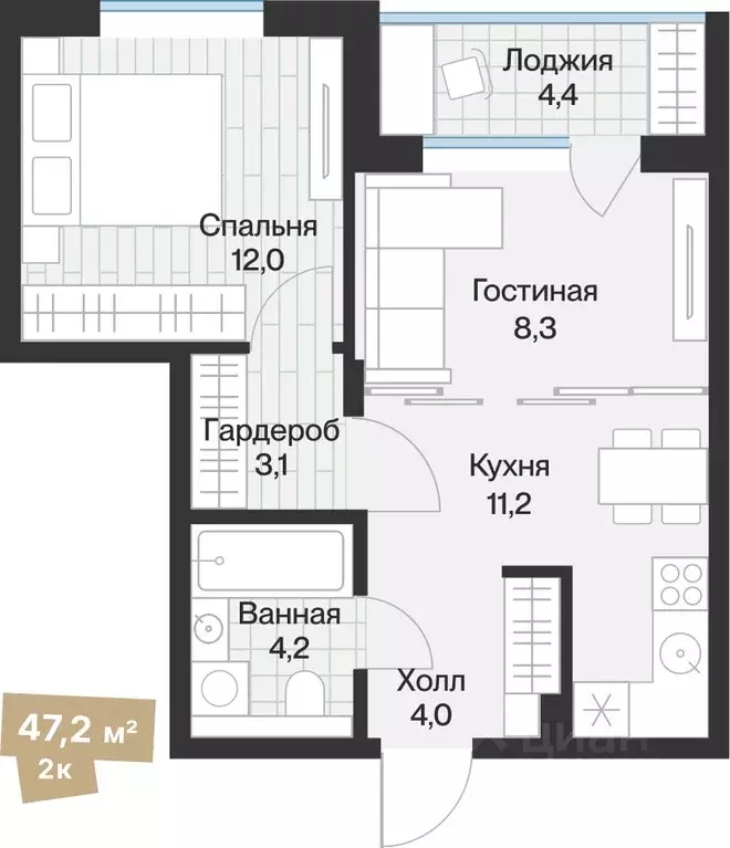 1-к кв. Тюменская область, Тюмень Ямская ул., 159с1/12 (45.03 м) - Фото 0