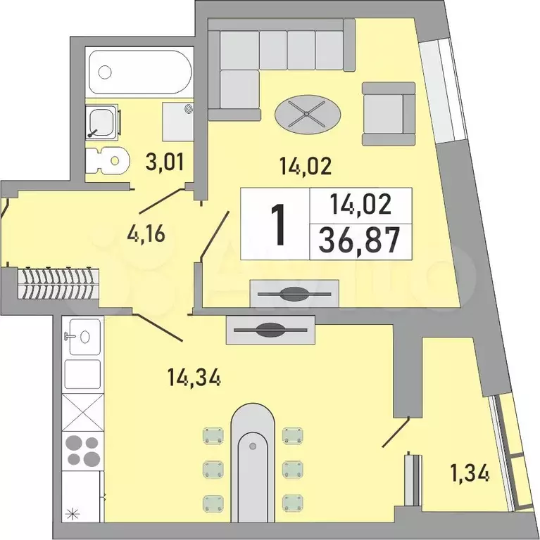 1-к. квартира, 36,9 м, 22/24 эт. - Фото 0