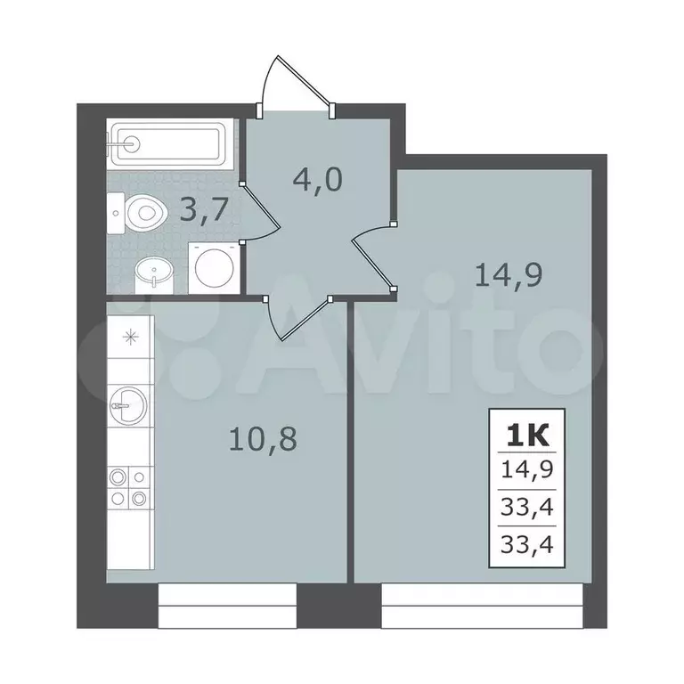 1-к. квартира, 33,4 м, 2/5 эт. - Фото 0