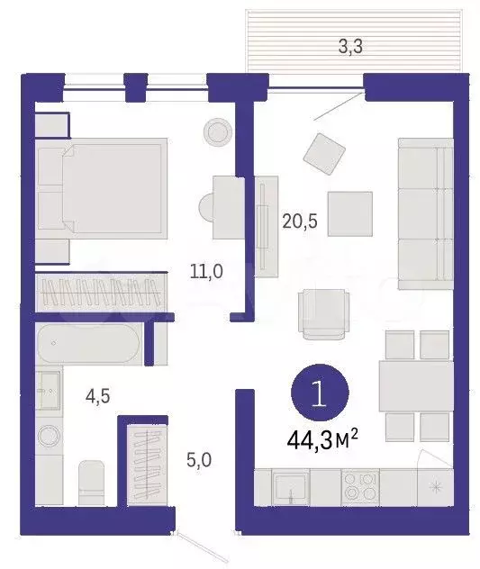 1-к. квартира, 44,3 м, 3/9 эт. - Фото 1