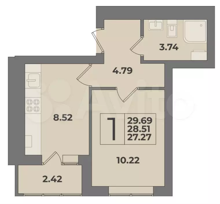 1-к. квартира, 30 м, 2/9 эт. - Фото 1