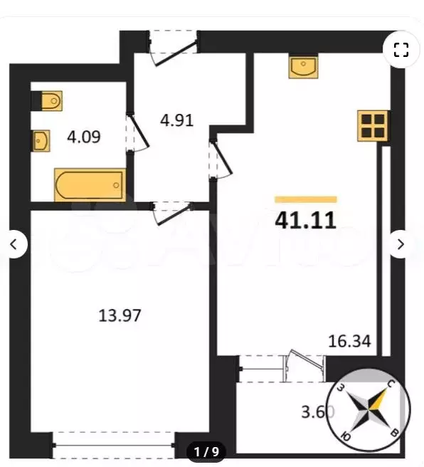 1-к. квартира, 41,1 м, 3/9 эт. - Фото 1