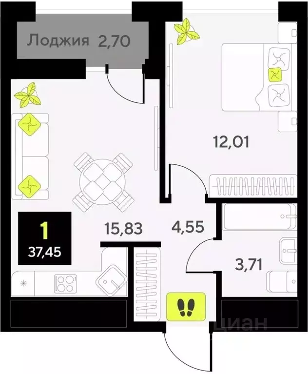 1-к кв. Тюменская область, Тюмень ул. Андрея Приказнова, 7 (37.45 м) - Фото 0