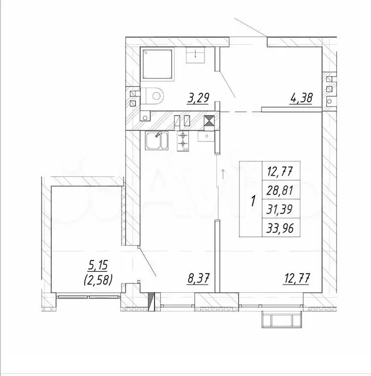 1-к. квартира, 31,4 м, 3/4 эт. - Фото 1