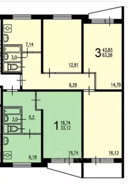 Квартира, 3 комнаты, 64 м - Фото 1