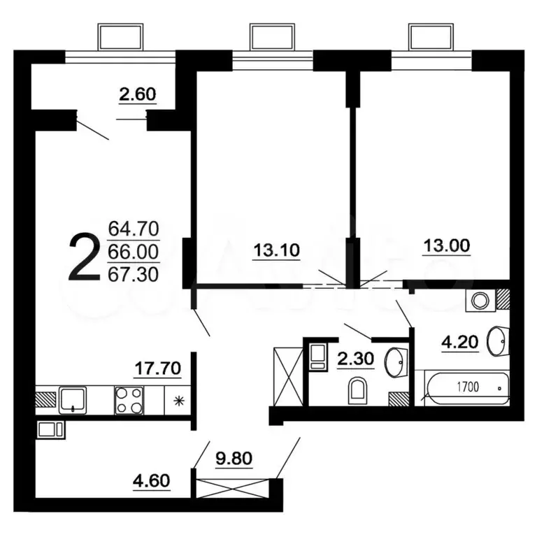 2-к. квартира, 66 м, 4/10 эт. - Фото 1