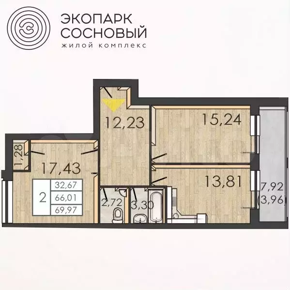 2-к. квартира, 65,8 м, 1/4 эт. - Фото 0