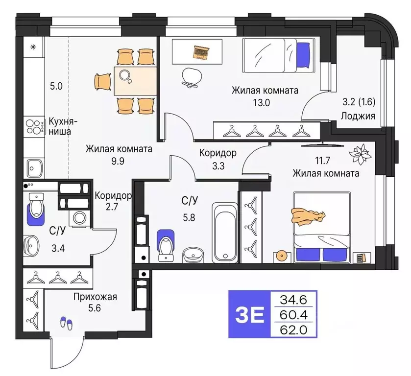 3-к кв. Пермский край, Пермь ул. Карла Модераха, 7 (62.0 м) - Фото 0