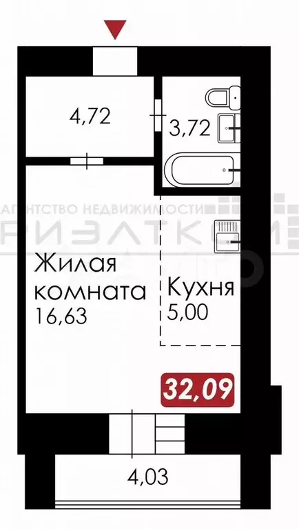 Квартира-студия, 32,1 м, 1/10 эт. - Фото 0