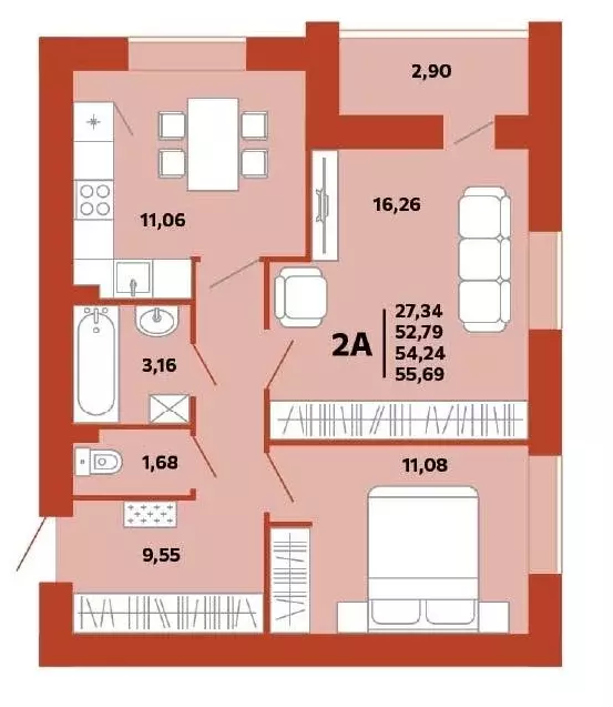 Квартира, 2 комнаты, 55.69 м - Фото 0