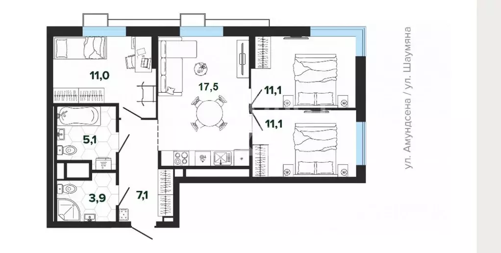 3-к кв. Свердловская область, Екатеринбург ул. Шаумяна, 11 (66.17 м) - Фото 2