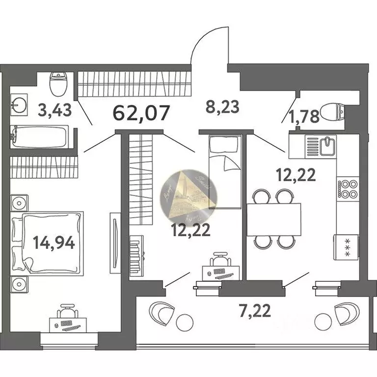 Квартира, 2 комнаты, 62.07 м - Фото 0
