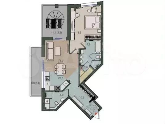 2-к. квартира, 74,6 м, 9/9 эт. - Фото 1