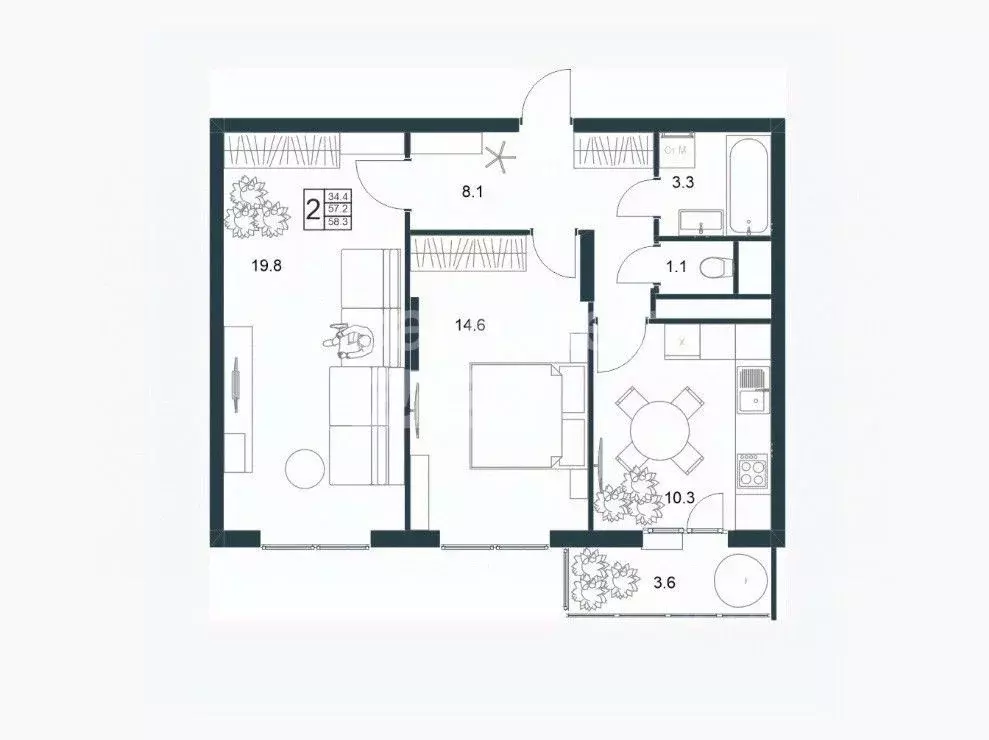 2-к кв. Липецкая область, Липецк Минская ул., 6Б (58.3 м) - Фото 2
