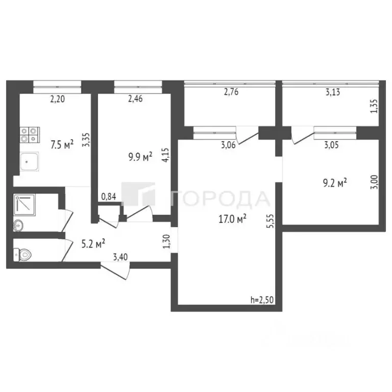 3-к кв. Кемеровская область, Новокузнецк ул. Косыгина, 25 (52.2 м) - Фото 2