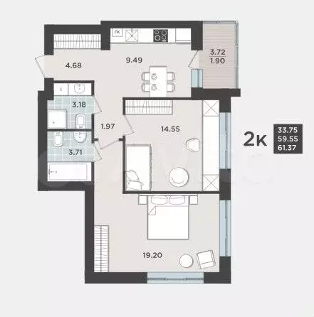 2-к. квартира, 61,4 м, 1/9 эт. - Фото 1