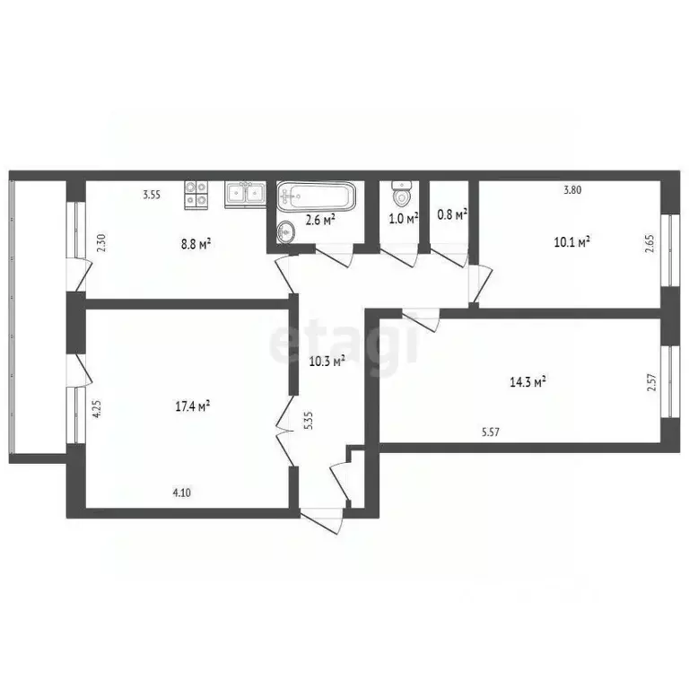 3-к кв. Башкортостан, Бирск ул. 8 Марта, 24 (65.0 м) - Фото 2