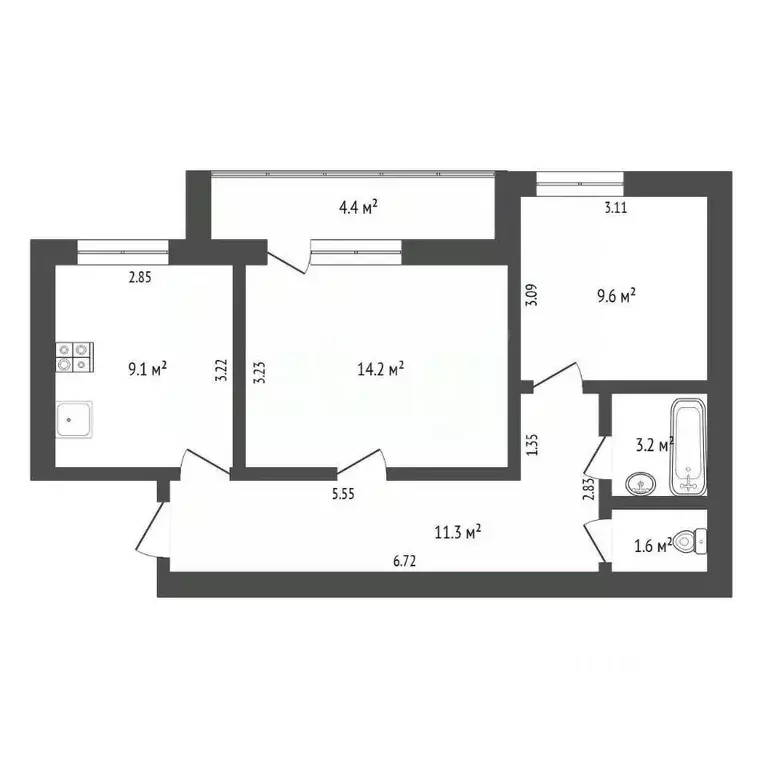 2-к кв. Тюменская область, Тюмень ул. Василия Гольцова, 8 (45.6 м) - Фото 2