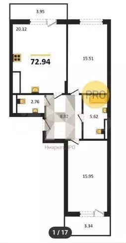2-к. квартира, 72,9 м, 1/7 эт. - Фото 1