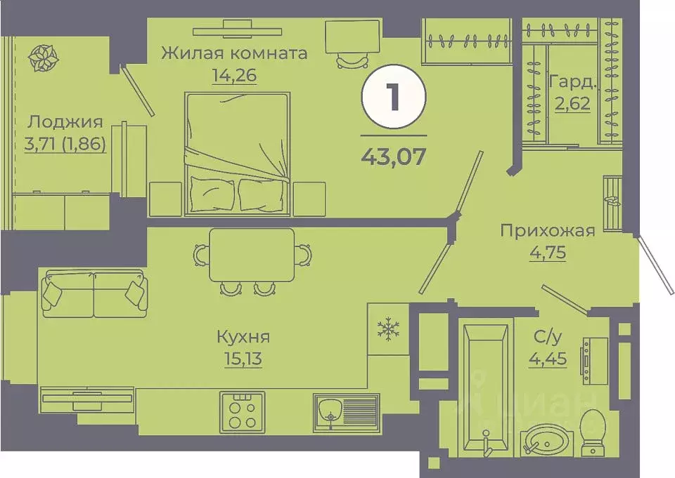 1-к кв. Ростовская область, Ростов-на-Дону ул. Еременко, 115 (43.2 м) - Фото 1