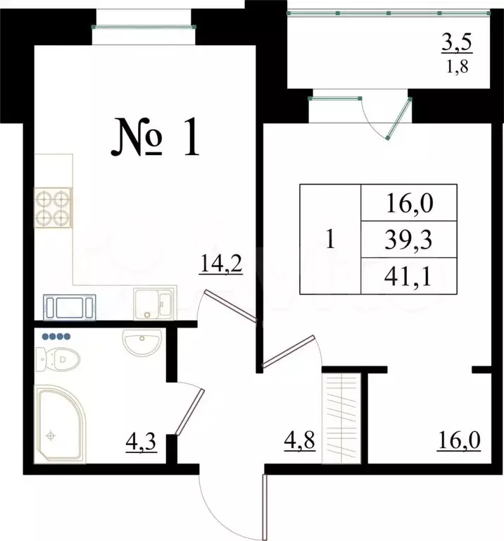 1-к. квартира, 41,1 м, 1/8 эт. - Фото 0