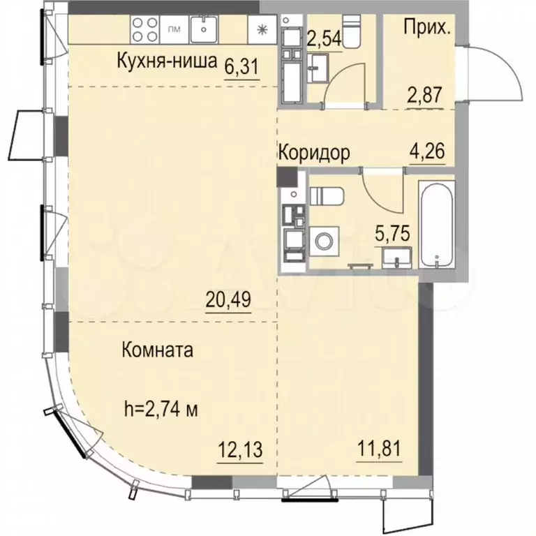 Квартира-студия, 69м, 13/24эт. - Фото 0