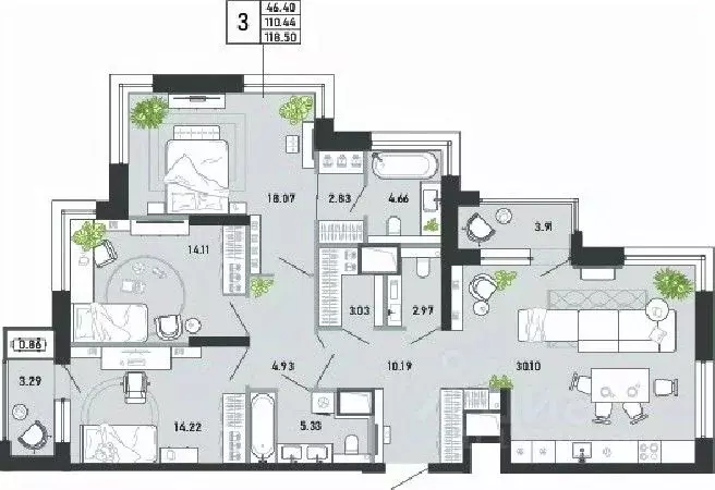 3-к кв. Тульская область, Тула ул. Фридриха Энгельса, 74 (118.5 м) - Фото 1