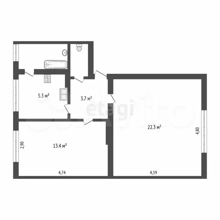2-к. квартира, 48 м, 1/4 эт. - Фото 0