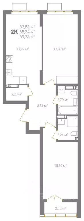2-к кв. Нижегородская область, Нижний Новгород Ветеринарная ул. (69.78 ... - Фото 2