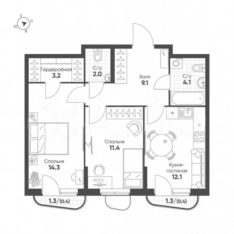 2-к. квартира, 57 м, 5/11 эт. - Фото 0