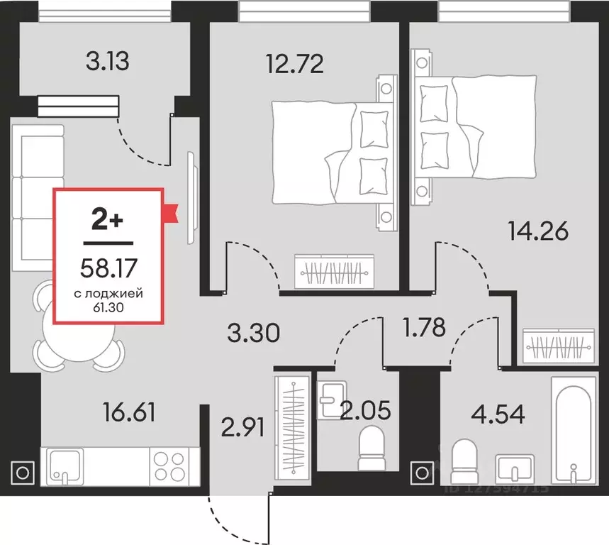 2-к кв. Ханты-Мансийский АО, Нефтеюганск ул. Нефтяников, 48А (58.17 м) - Фото 1