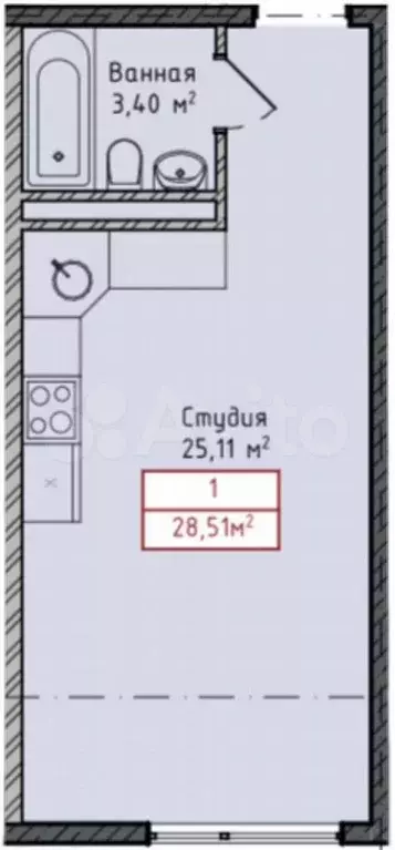 Квартира-студия, 28,5 м, 6/8 эт. - Фото 1