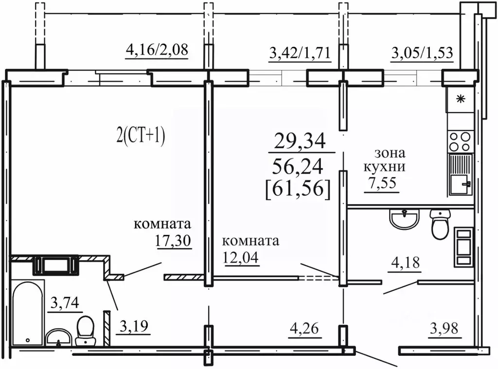 2-к кв. Челябинская область, Челябинск ул. Маршала Чуйкова, 26 (56.24 ... - Фото 1