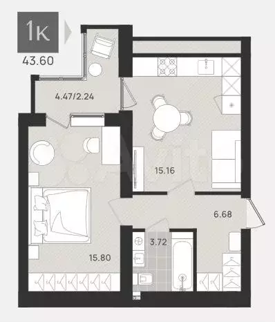 1-к. квартира, 43,6 м, 9/9 эт. - Фото 0