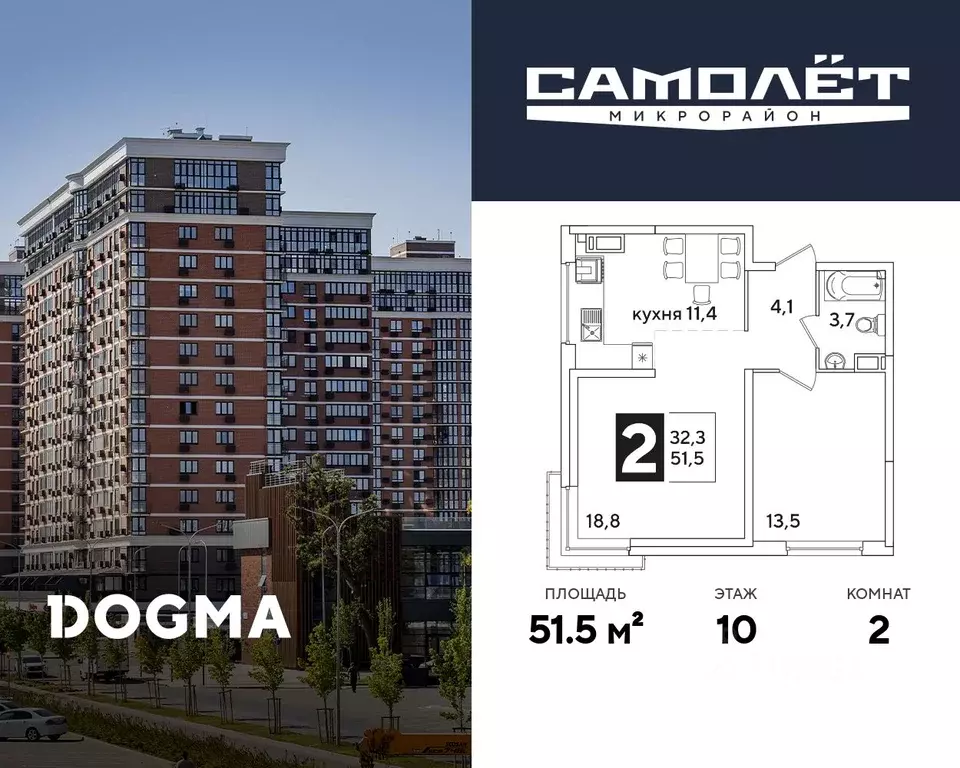 2-к кв. Краснодарский край, Краснодар Самолет-6 жилой комплекс (51.5 ... - Фото 1