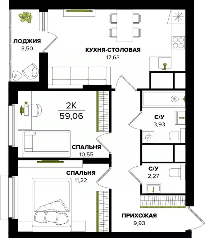 2-к кв. Тульская область, Тула  (59.06 м) - Фото 0