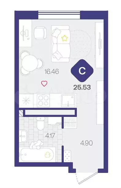 Квартира-студия, 25,5 м, 3/12 эт. - Фото 1