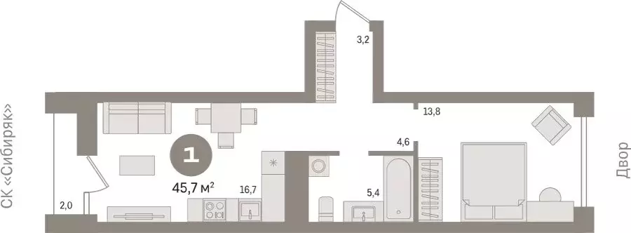 1-комнатная квартира: Новосибирск, улица Аэропорт, 88 (45.74 м) - Фото 1