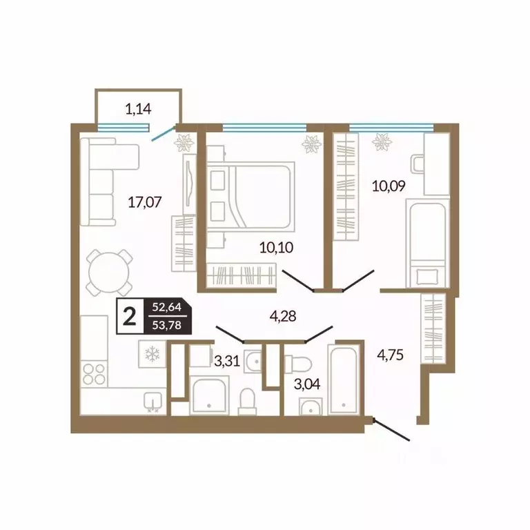 2-к кв. Тюменская область, Тюмень Концепт жилой комплекс (53.78 м) - Фото 0