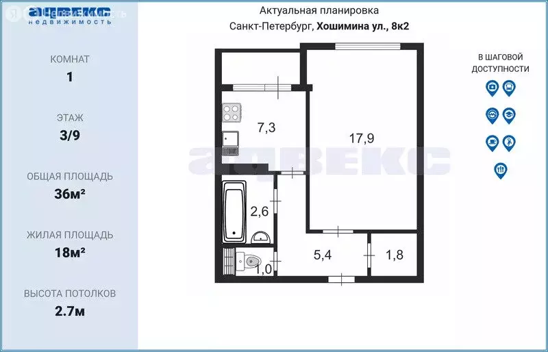 1-комнатная квартира: Санкт-Петербург, улица Хошимина, 8к2 (36 м) - Фото 1