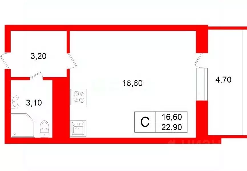 Студия Санкт-Петербург ул. Плесецкая, 10 (22.9 м) - Фото 2