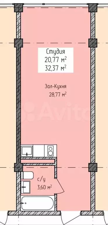 Апартаменты-студия, 32,4 м, 4/8 эт. - Фото 1