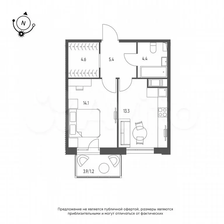 1-к. квартира, 43 м, 6/9 эт. - Фото 1
