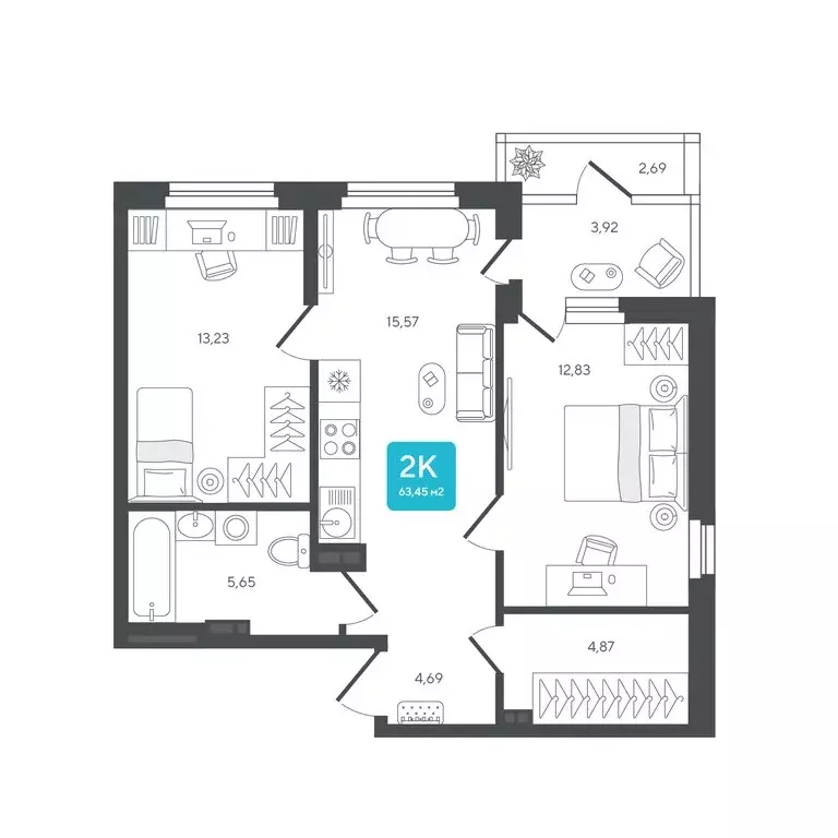 2-комнатная квартира: Дербыши, жилой комплекс Дабл-Дабл (63.45 м) - Фото 1