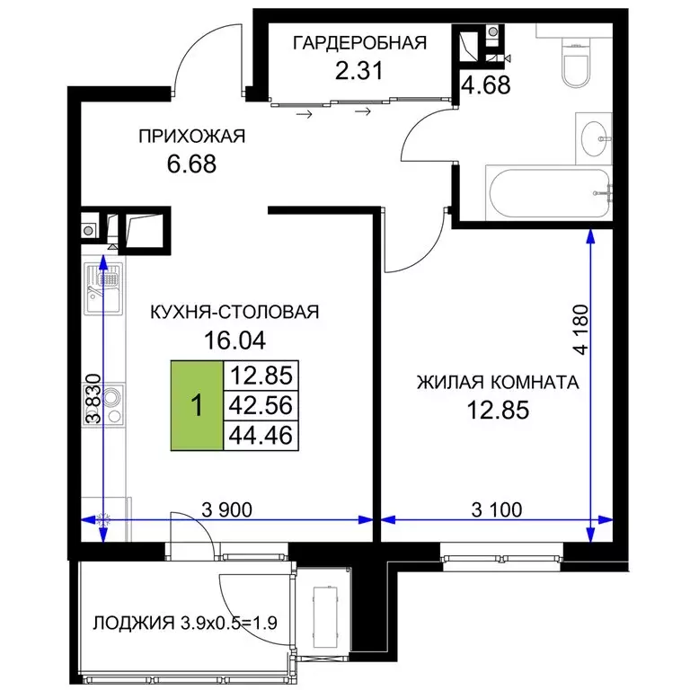 1-комнатная квартира: Краснодар (44.46 м) - Фото 0