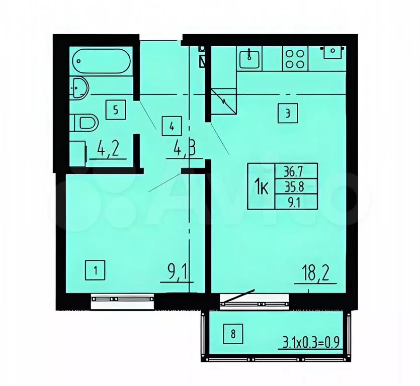 1-к. квартира, 36,7 м, 4/8 эт. - Фото 1