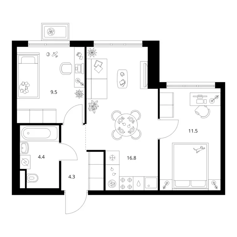 2-к квартира, 46.5 м - Фото 0