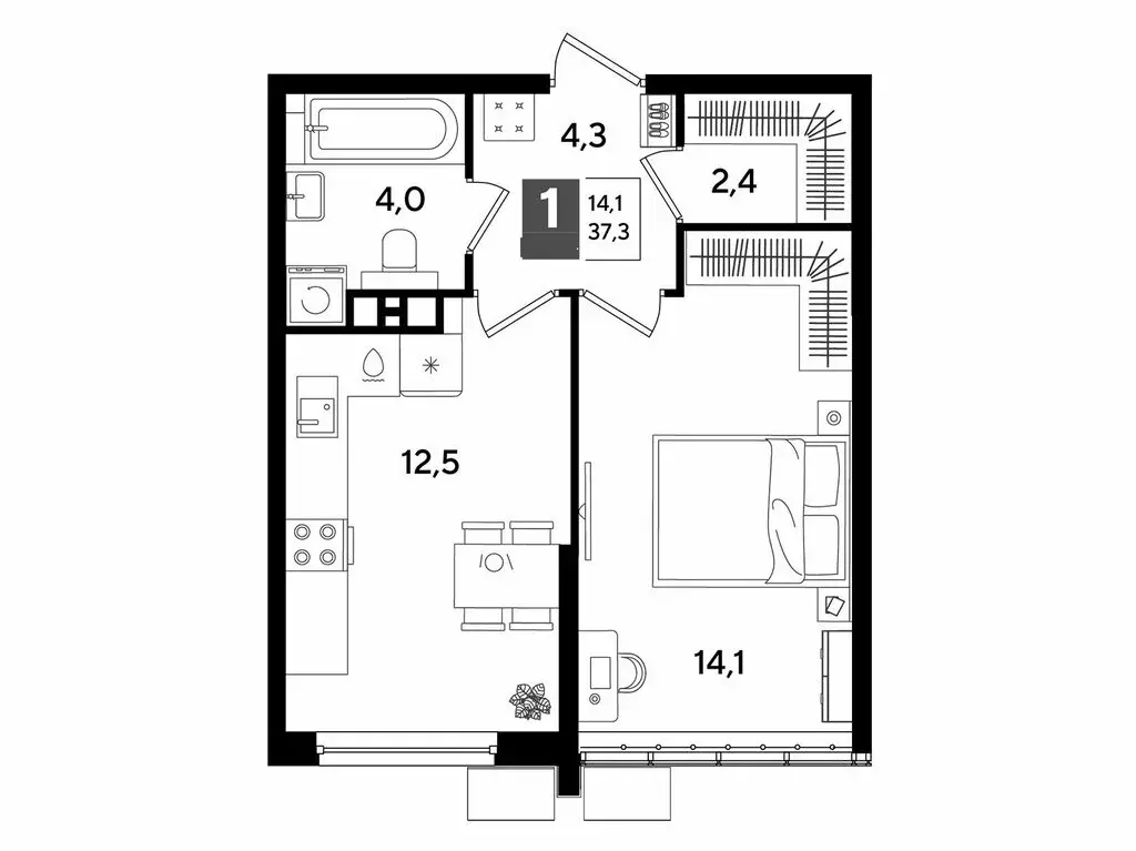 1-комнатная квартира: Краснодар, микрорайон Догма Парк (37.3 м) - Фото 1