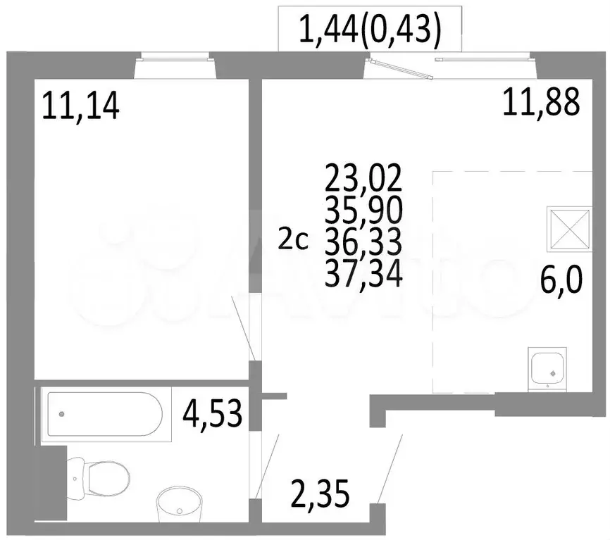 2-к. квартира, 36,3 м, 7/10 эт. - Фото 0
